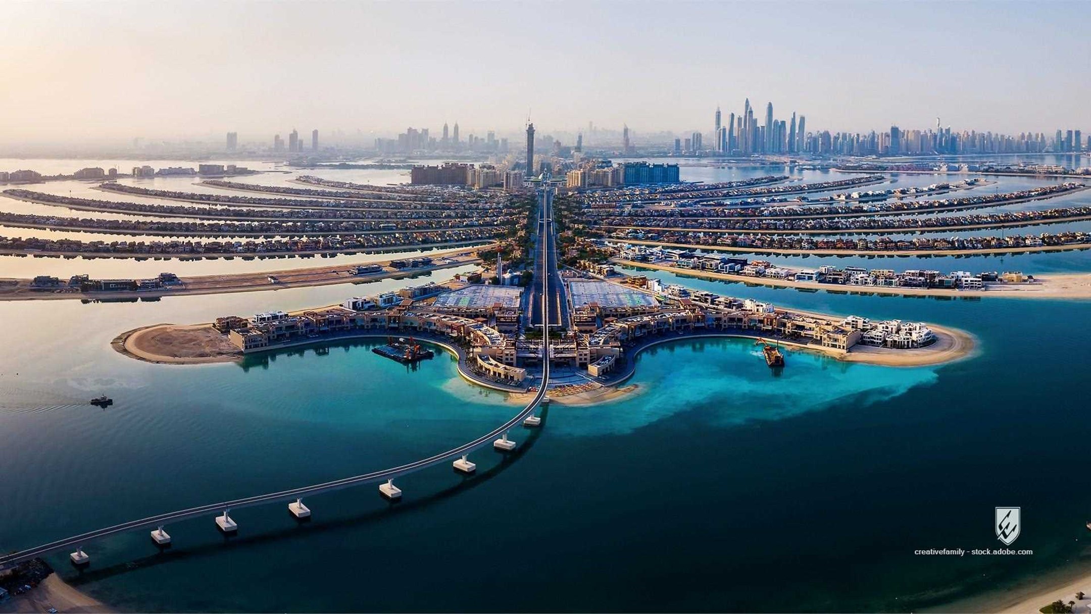 palm dubai aerial island panorama the palm marina panoramic wide rail train monorail track palm island above luxury sunr